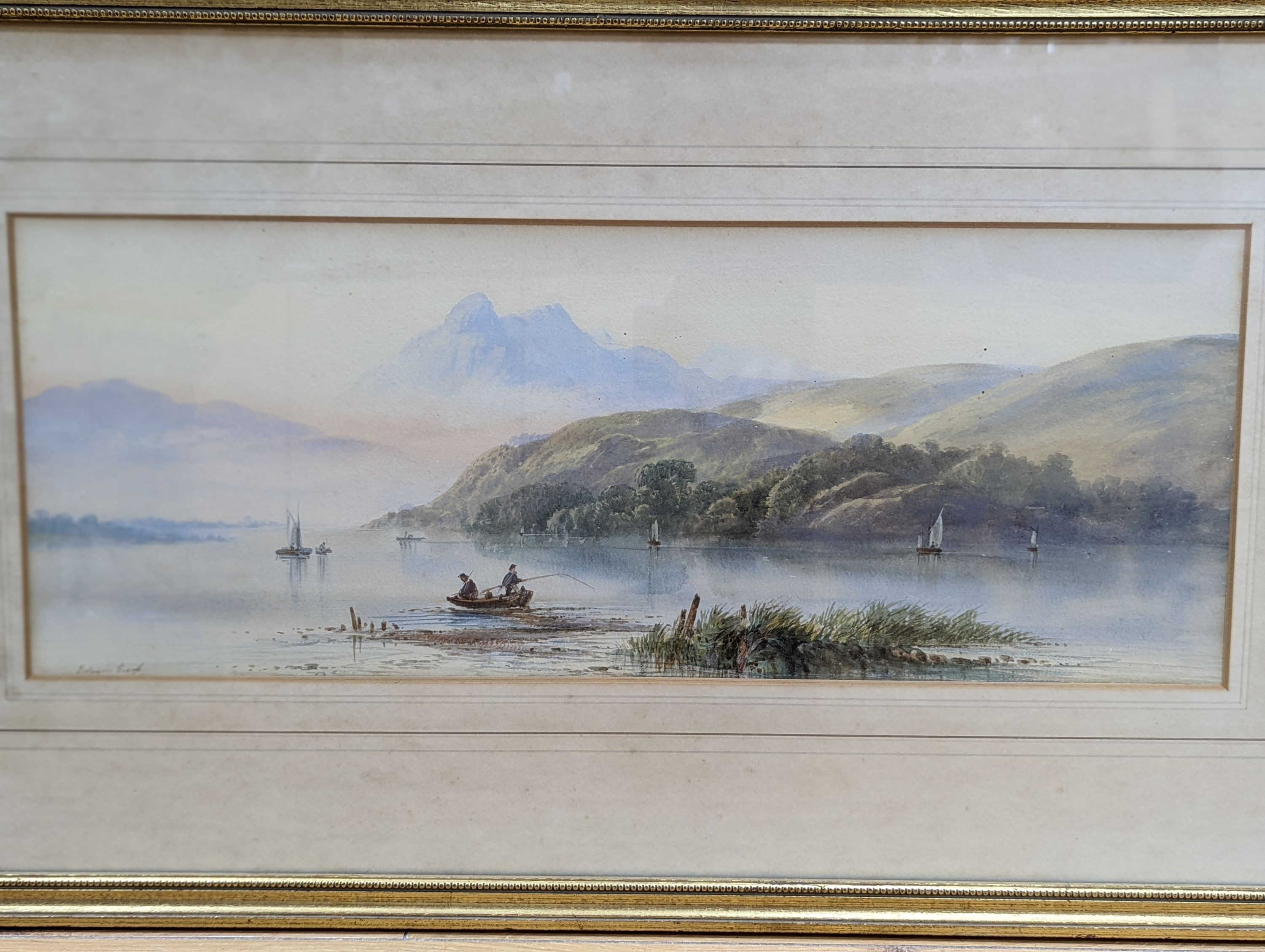 Edwin Earp (1851-1945), pair of watercolours, Lake scenes with cattle watering and anglers, signed, 21 x 56cm